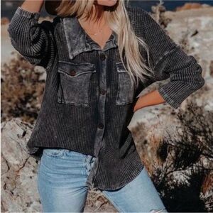 BUCKETLIST Textured Button-Up Top - Charcoal
